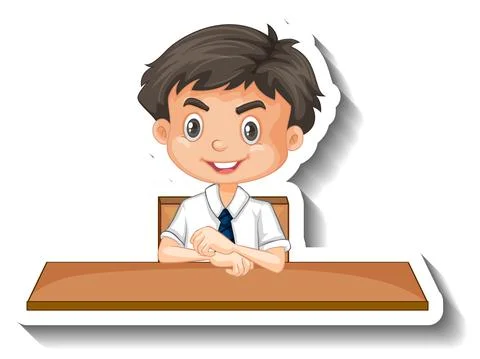Student boy with school table cartoon Stock Illustration