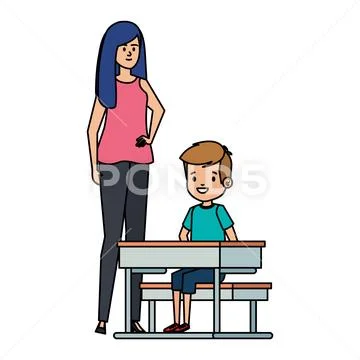 Student boy seated in school desk with female teacher: Graphic #110723981