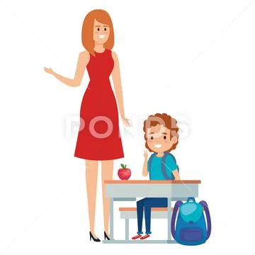 Student boy seated in school desk with female teacher: Royalty Free ...