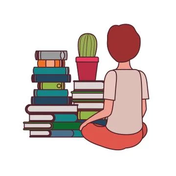 Student boy sitting on his back with stack of books Stock Illustration