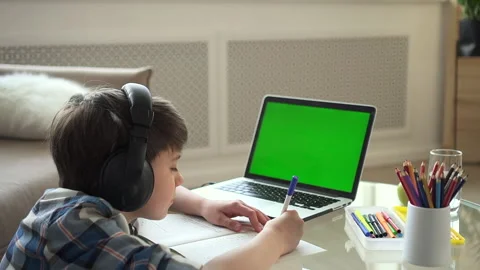 Student boy study online, look at chroma green screen laptop and write note Spbd Stock Footage 163817913