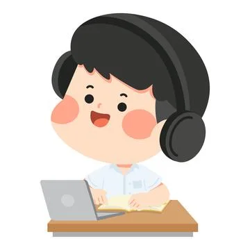 Student Boy Wearing Headphones Using Laptop and Book for Online Education a.. Stock Illustration