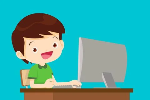 Student boy working with computer Stock Illustration