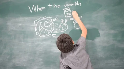 Student boy writing on the board about earth day save the world Stockbeeldmateriaal 105206652