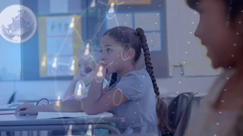 Student with braid in class listening raising hand to answer, transparent globe Stock Footage 333610105