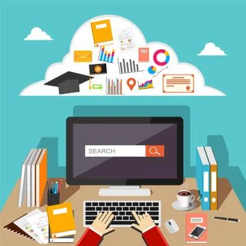 Student browsing internet using computer. Working on computer at home. Illustrazione stock