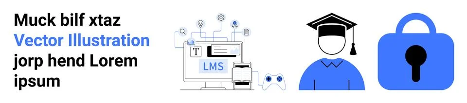 Student cap symbolizing graduation, device with LMS interface, and lock illus Stock Illustration