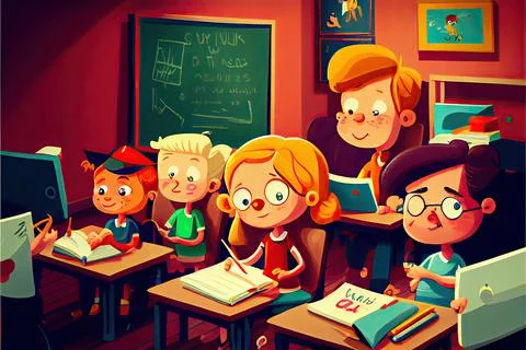 Student cartoon Studying in front of the computer in the classroom 002 Teac.. 库存插图