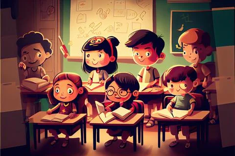 Student cartoon Studying in front of the computer in the classroom 002 Teac.. Stockillustratie