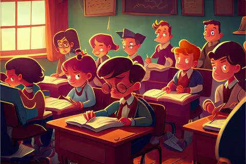 Student cartoon Studying in front of the computer in the classroom 002 Teac.. Stock Illustration