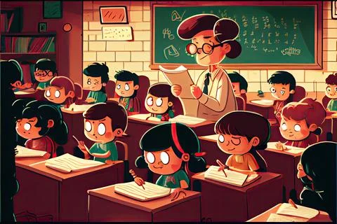 Student cartoon Studying in front of the computer in the classroom 002 Teac.. Illustrazione stock