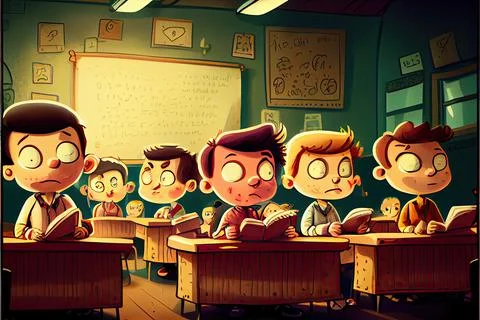 Student cartoon Studying in front of the computer in the classroom 002 Teac.. Illustrazione stock