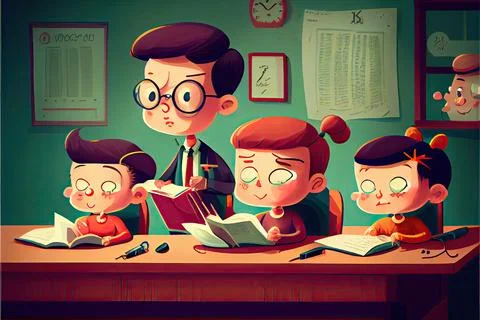 Student cartoon Studying in front of the computer in the classroom 002 Teac.. イラスト素材