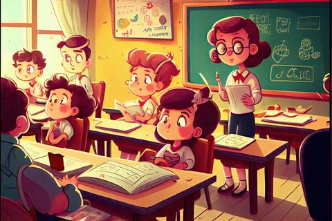 Student cartoon Studying in front of the computer in the classroom 002 Teac.. 库存插图