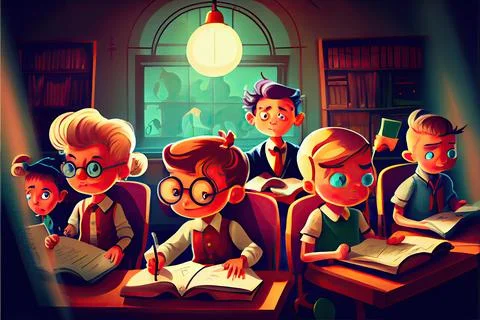 Student cartoon Studying in front of the computer in the classroom 002 Teac.. Stock Illustration