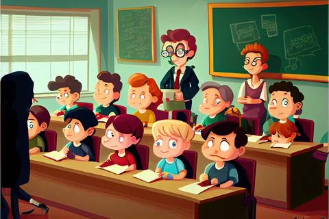 Student cartoon Studying in front of the computer in the classroom 002 Teac.. Stock Illustration