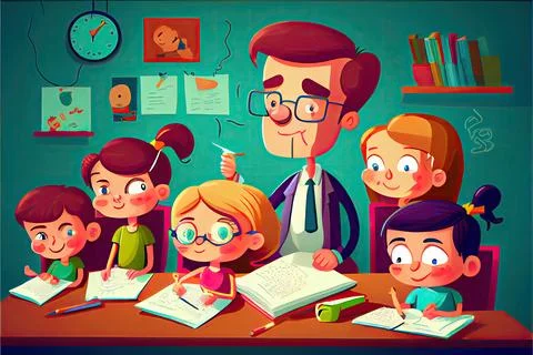 Student cartoon Studying in front of the computer in the classroom 002 Teac.. Stock Illustration