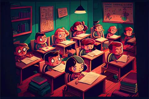 Student cartoon Studying in front of the computer in the classroom 002 Teac.. イラスト素材