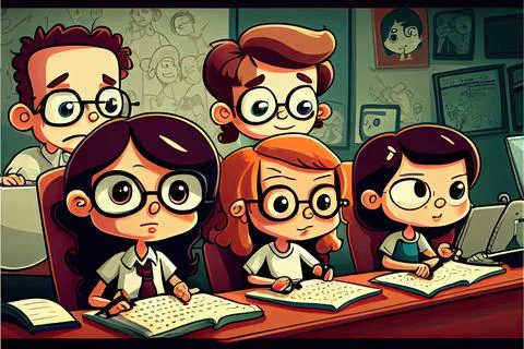 Student cartoon Studying in front of the computer in the classroom 002 Teac.. Illustrazione stock