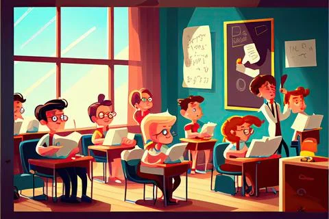 Student cartoon Studying in front of the computer in the classroom 002 Teac.. Illustrazione stock