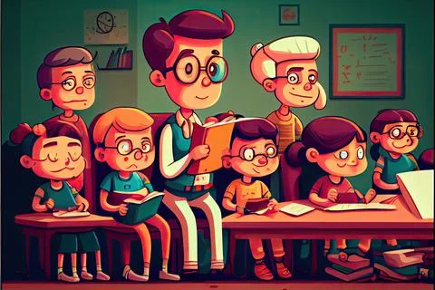 Student cartoon Studying in front of the computer in the classroom 002 Teac.. 库存插图