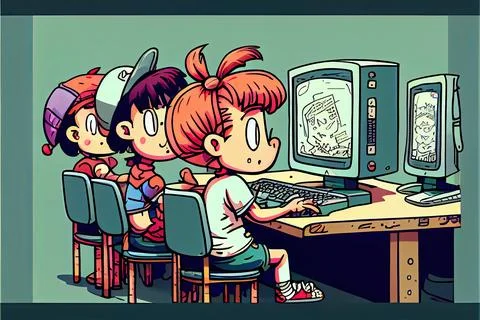 Student cartoon Studying in front of the computer in the classroom 002 Teac.. Stock Illustration