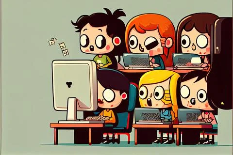 Student cartoon Studying in front of the computer in the classroom 002 Teac.. 库存插图