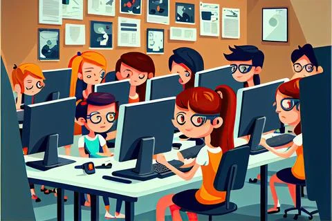 Student cartoon Studying in front of the computer in the classroom 002 Teac.. イラスト素材