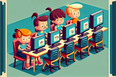 Student cartoon Studying in front of the computer in the classroom 002 Teac.. Illustrazione stock