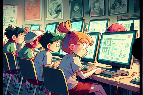 Student cartoon Studying in front of the computer in the classroom 002 Teac.. Stockillustratie