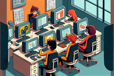 Student cartoon Studying in front of the computer in the classroom 002 Teac.. Illustrazione stock