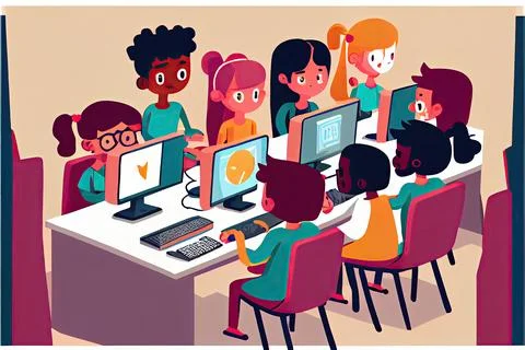 Student cartoon Studying in front of the computer in the classroom 002 Teac.. Stock Illustration