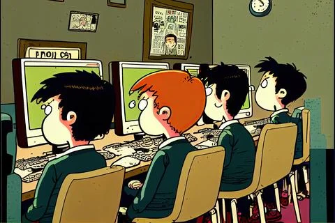 Student cartoon Studying in front of the computer in the classroom 002 Teac.. Illustrazione stock