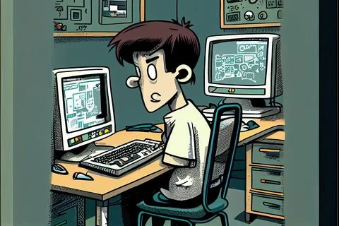 Student cartoon Studying in front of the computer in the classroom 002 Teac.. Stock Illustration
