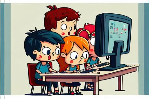 Student cartoon Studying in front of the computer in the classroom 002 Teac.. Stock Illustration