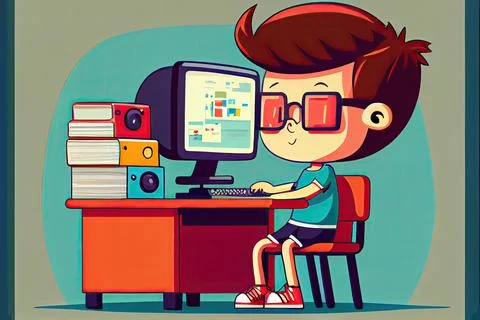 Student cartoon Studying in front of the computer in the classroom 002 Teac.. Stockillustratie