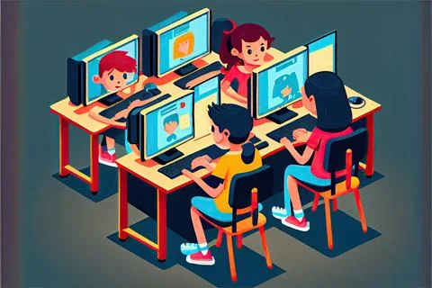 Student cartoon Studying in front of the computer in the classroom 002 Teac.. イラスト素材