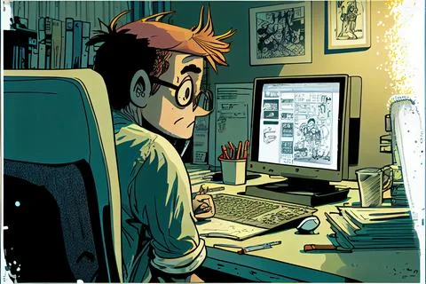 Student cartoon Studying in front of the computer in the classroom 002 Teac.. 库存插图