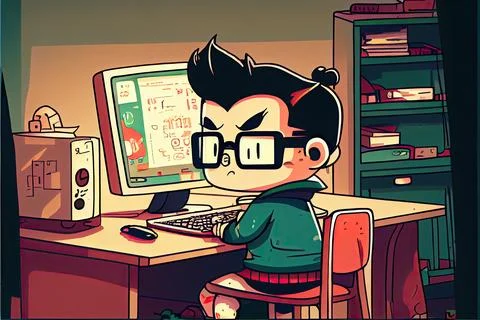 Student cartoon Studying in front of the computer in the classroom 002 Teac.. イラスト素材