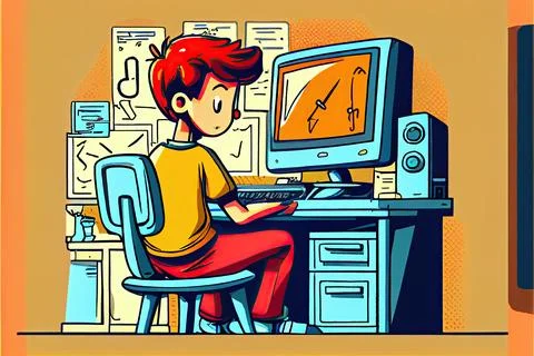Student cartoon Studying in front of the computer in the classroom 002 Teac.. Stock Illustration