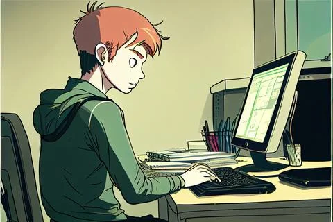 Student cartoon Studying in front of the computer in the classroom 002 Teac.. イラスト素材