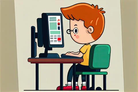Student cartoon Studying in front of the computer in the classroom 002 Teac.. Stock Illustration