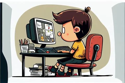 Student cartoon Studying in front of the computer in the classroom 002 Teac.. イラスト素材