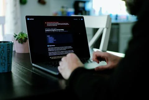 Student Caught Using Prohibited AI on Laptop Stock Photos