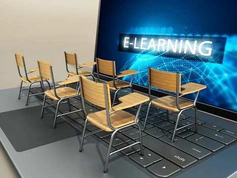 Student chairs standing on laptop computer. 3D illustration Stock Illustration