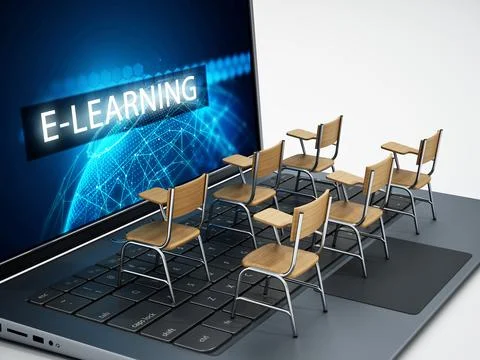 Student chairs standing on laptop computer. 3D illustration Illustrazione stock