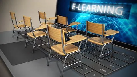 Student chairs standing on laptop computer. 3D illustration Stock Illustration
