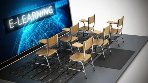 Student chairs standing on laptop computer. 3D illustration Stock Illustration