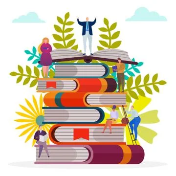 Student character at book stack, vector illustration. People read knowledge, man Stock Illustration