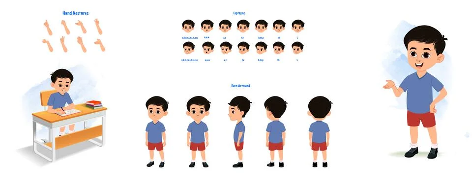 A student character model sheet. School boy creation set. Student turnaround s Stock Illustration